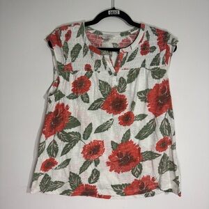 Lucky Brand Sleeveless Floral Smocked Henley Top Red White Green Boho Size M